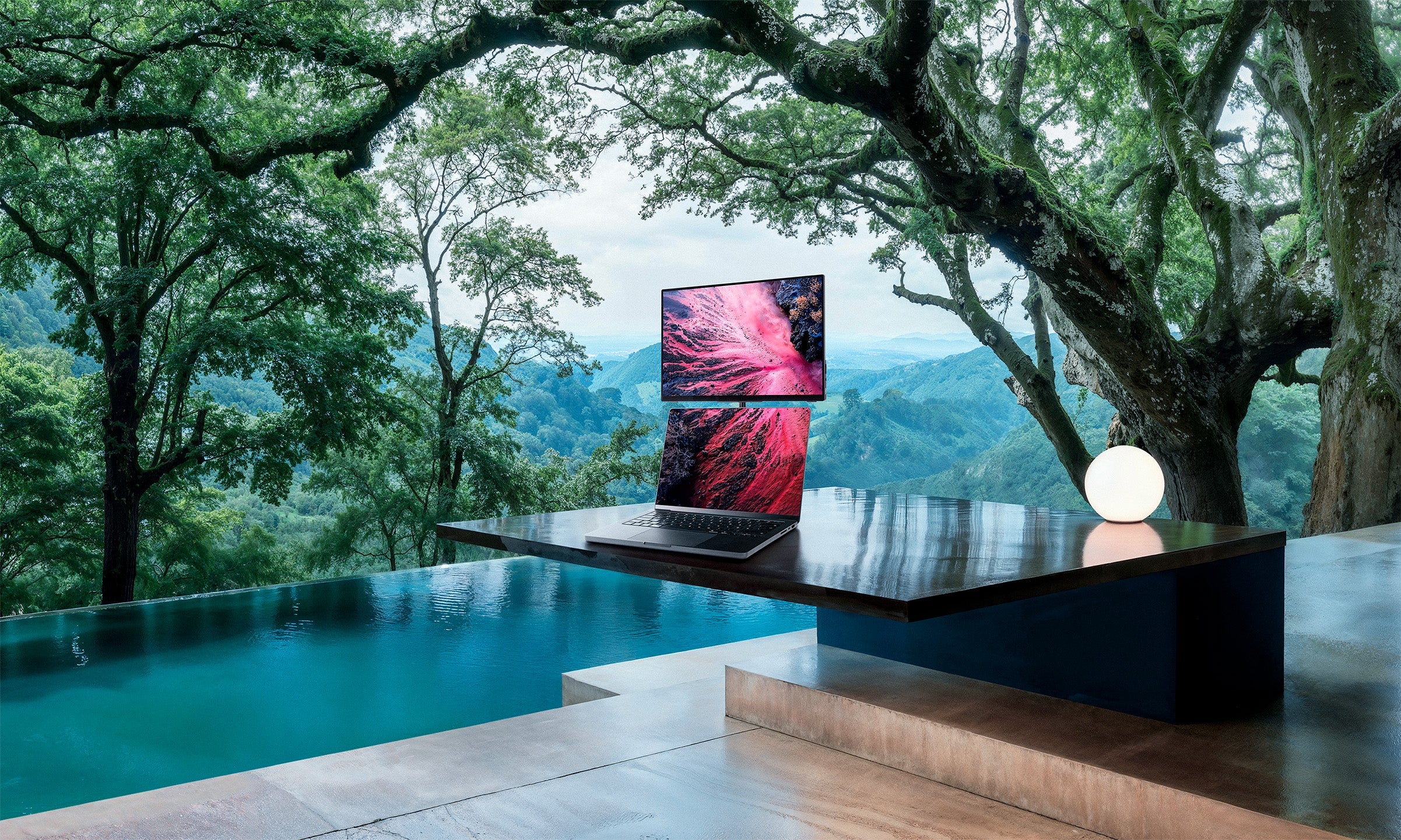 Minimal desk setup with portable display and stand